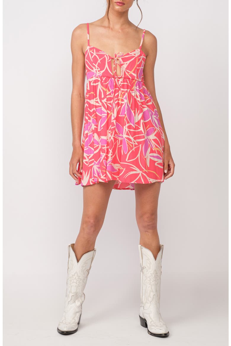 Leaf Print Keyhole Empire Waist Minidress, Main, color, PINK