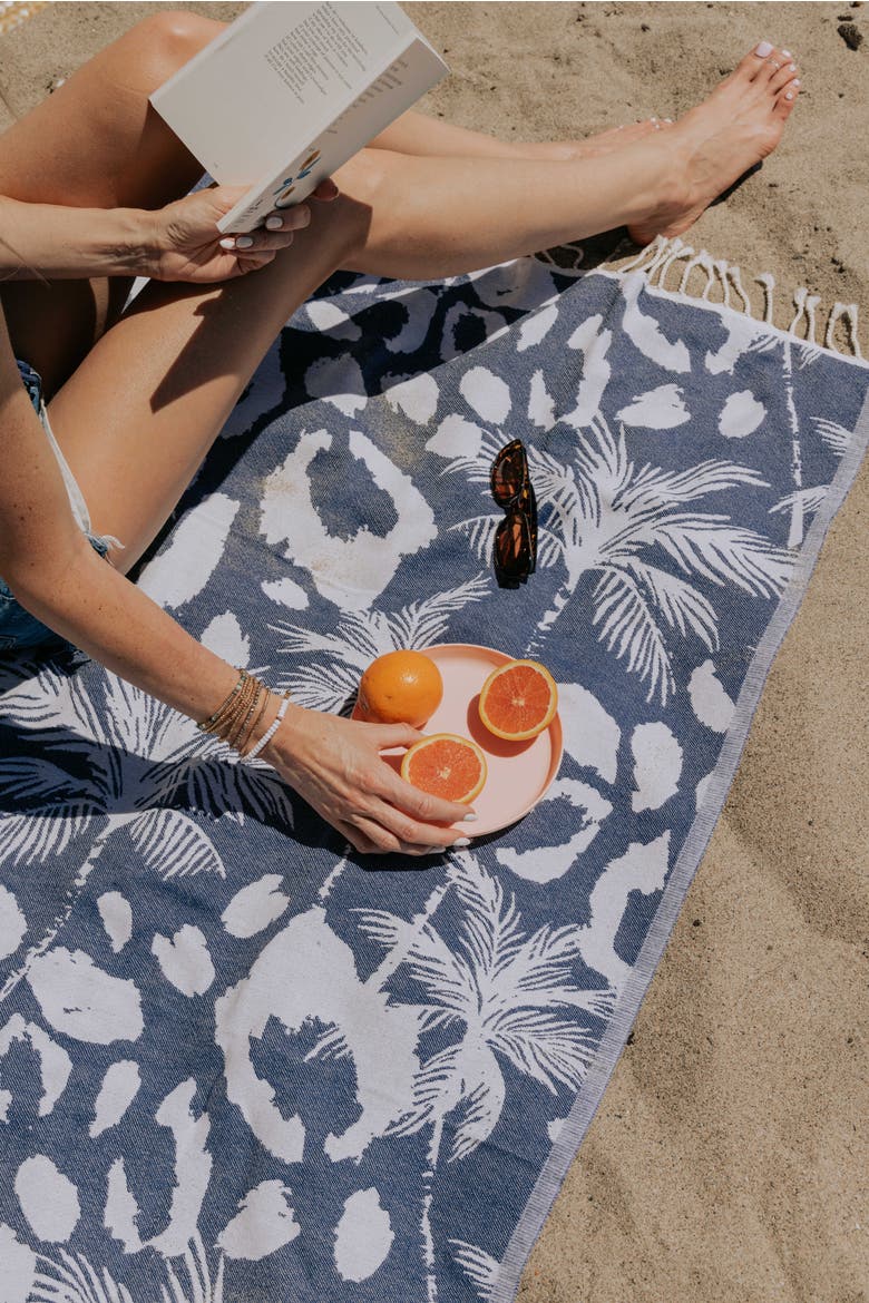 Leopard Palm Organic Turkish Towel, Alternate, color, Navy
