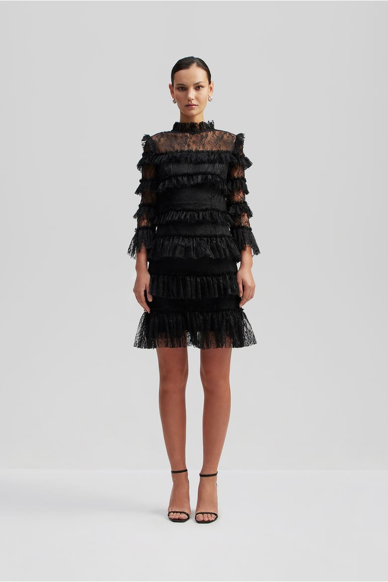 Carmine Mini Frill Lace Dress, Main, color, Black