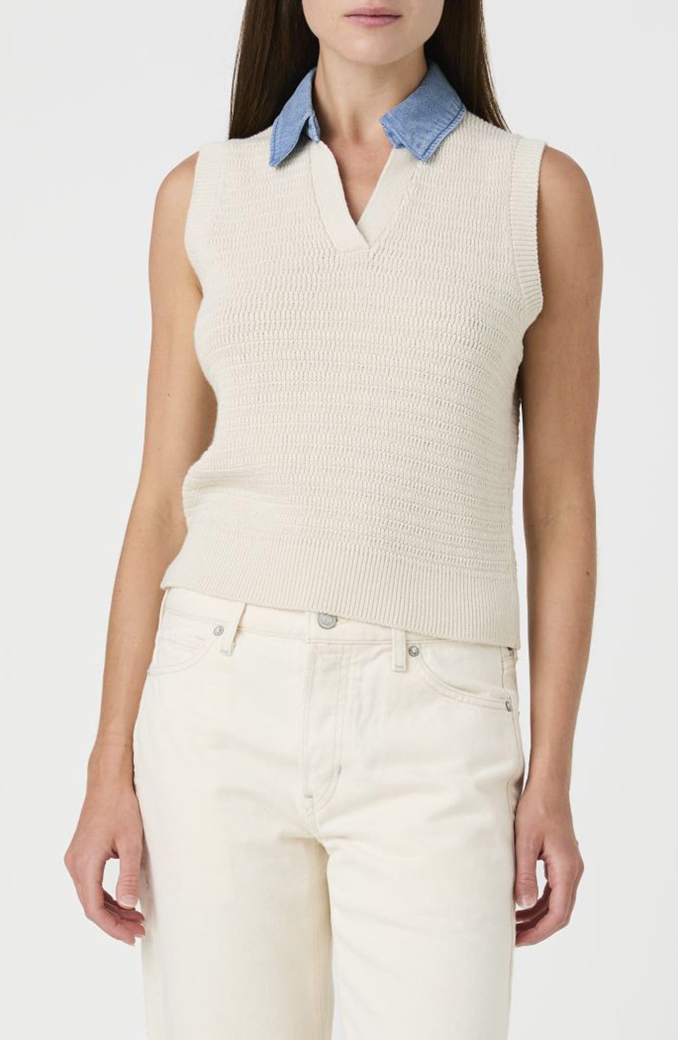 French Connection Contrast Collar Cotton Sweater Vest In Cream/ Light Denim Wash