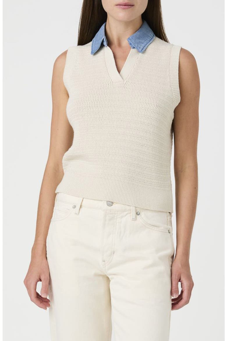 Contrast Collar Cotton Sweater Vest, Main, color, CREAM/ LIGHT DENIM WASH