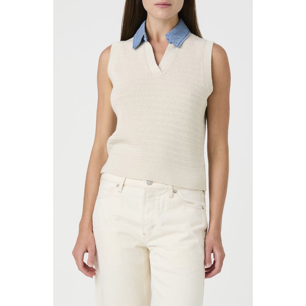 French Connection Contrast Collar Cotton Sweater Vest In Cream/ Light Denim Wash