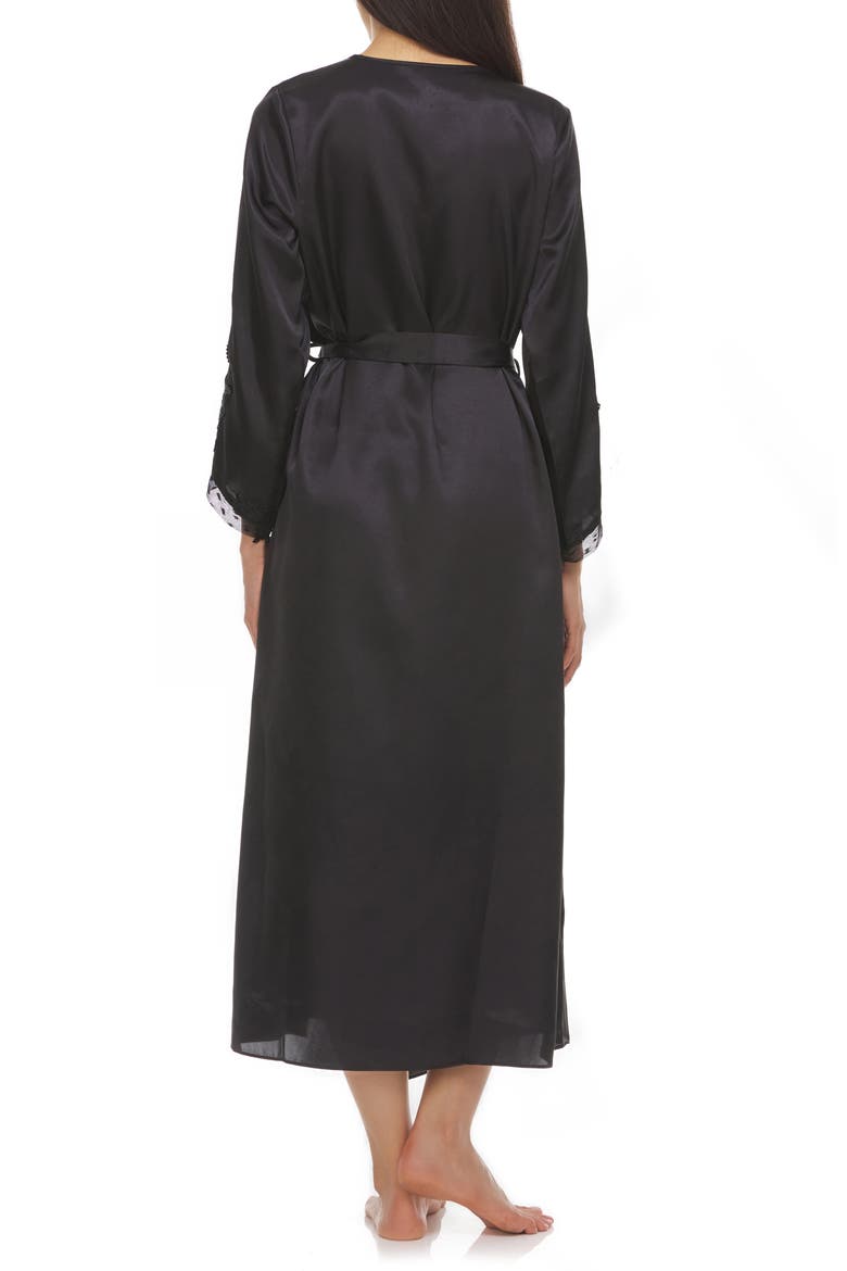 Stella Belted Lace Trim Satin Robe, Alternate, color, BLACK