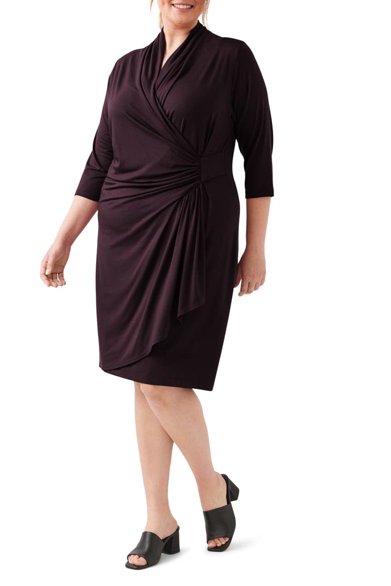Three Quarter Sleeve Jersey Cascade Faux Wrap Dress, Alternate, color, BORDEAUX