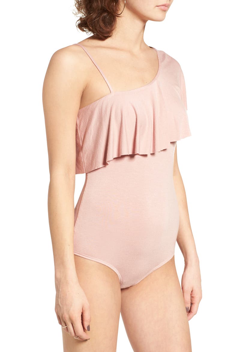 Ruffle One-Shoulder Bodysuit, Alternate, color, DUSTY PINK
