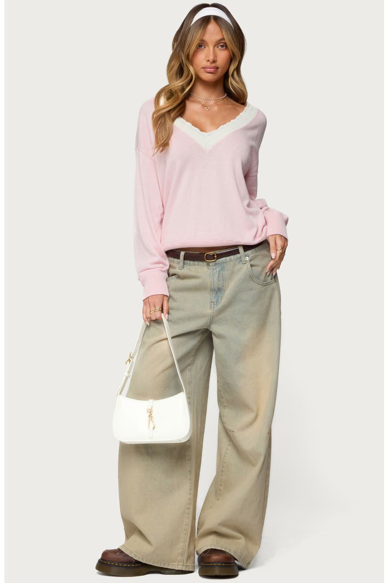 Marie Lace Contrast Cotton V-Neck Sweater, Alternate, color, LIGHT-PINK