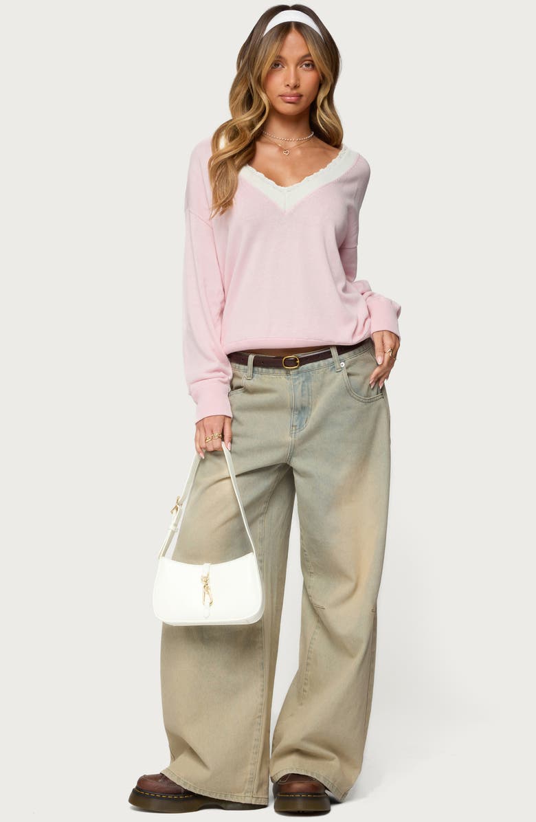 EDIKTED Marie Lace Contrast Cotton V-Neck Sweater, Alternate, color, Light-Pink