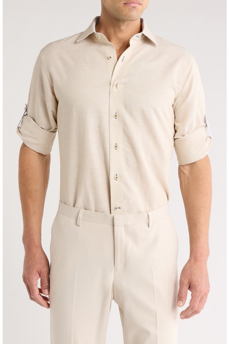 Trim Fit Textured Cotton & Linen Dress Shirt, Main, color, TAN