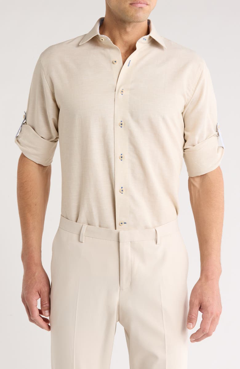 Lorenzo Uomo Trim Fit Textured Cotton & Linen Dress Shirt, Main, color, Tan