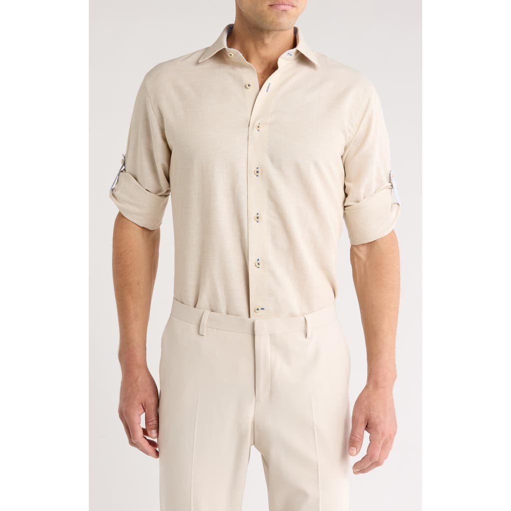 Lorenzo Uomo Trim Fit Textured Cotton & Linen Dress Shirt In Tan