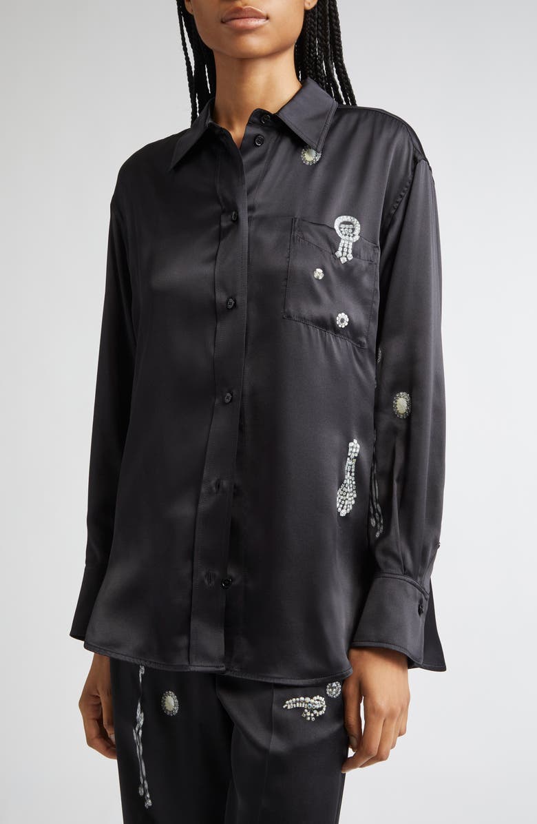 Victoria Beckham Crystal Print Silk Pajama Shirt, Alternate, color, Black