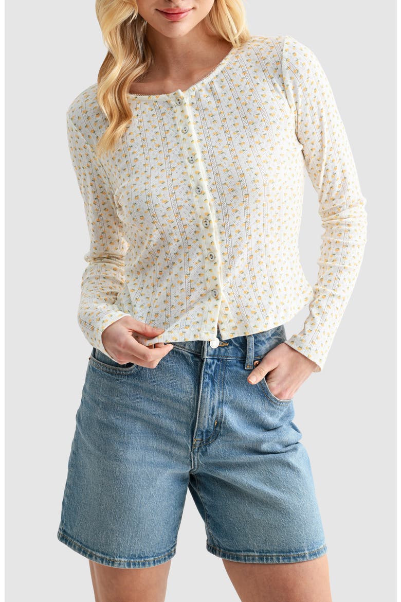 Pointelle Cardigan, Alternate, color, IVORY YELLOW DITSY