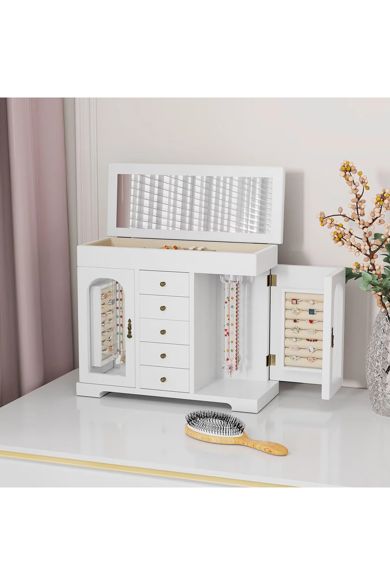 Wooden Jewelry Organizer Cabinet with Mirror, Alternate, color, White