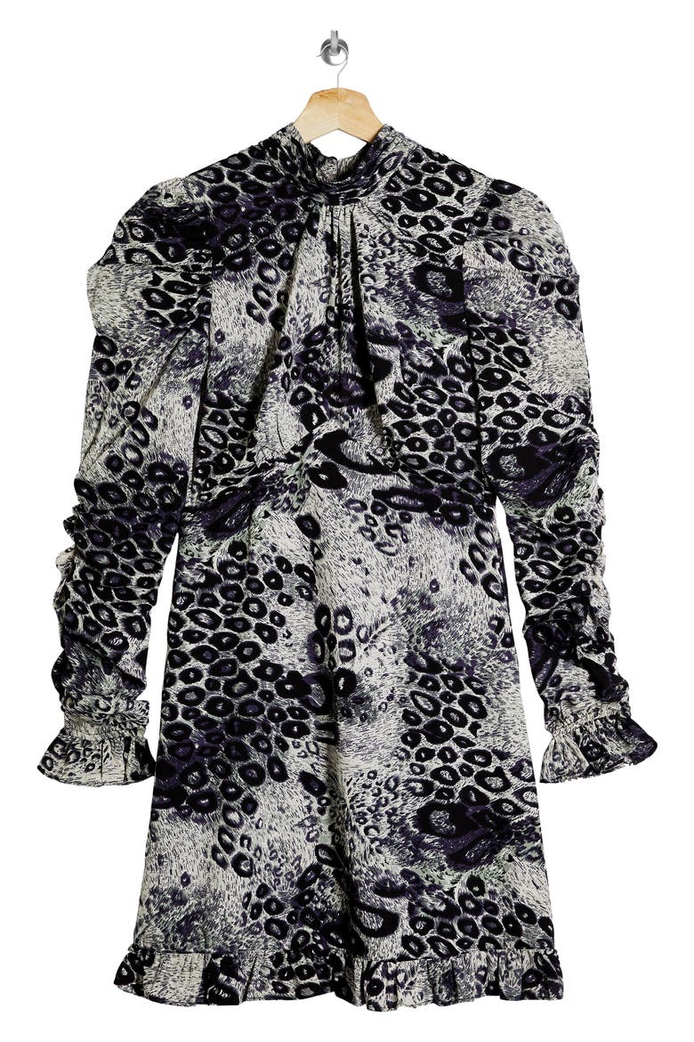 Animal Print Long Sleeve Minidress, Alternate, color, BLACK MULTI