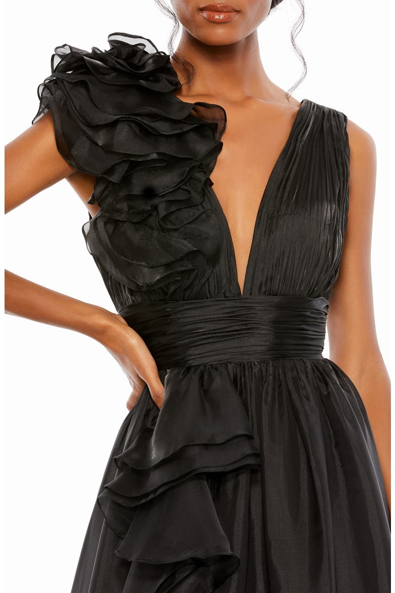 Ruffle Shoulder V-Neck Chiffon Gown, Alternate, color, BLACK