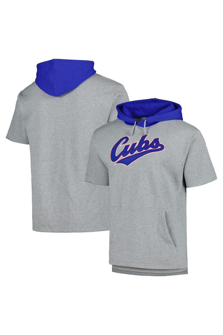 Men's Mitchell & Ness Heather Gray Chicago Cubs Postgame Short Sleeve Pullover Hoodie, Main, color, Heather Gray