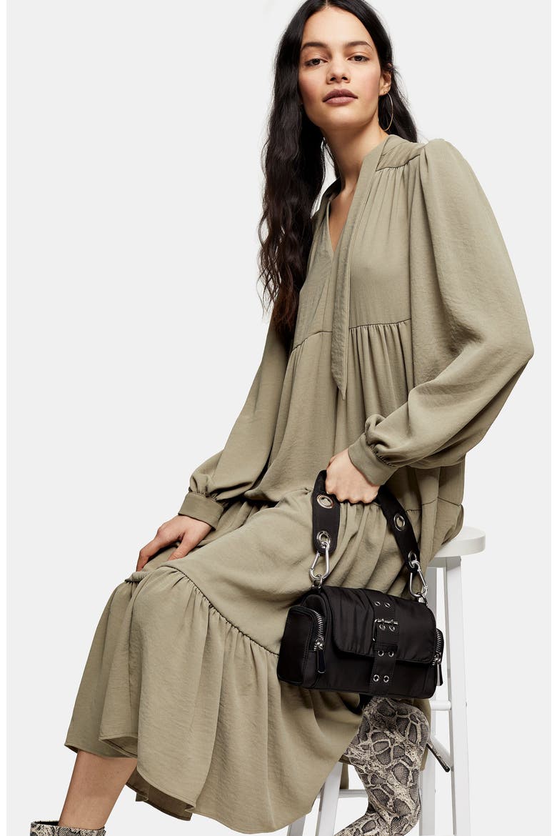Tiered Tie Neck Chuckon Long Sleeve Midi Dress, Alternate, color, OLIVE