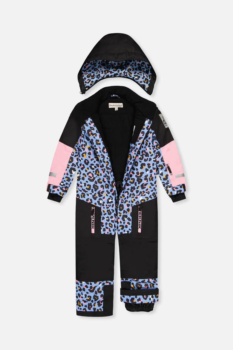 Teknik Leopard Fleece Lined & Reinforced Knees One Piece Snowsuit, Alternate, color, Blue Leopard Print