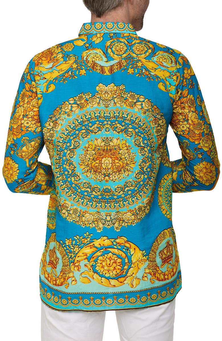 RANEES Extra Trim Fit Print Linen & Cotton Button-Up Resort Shirt, Alternate, color, Green