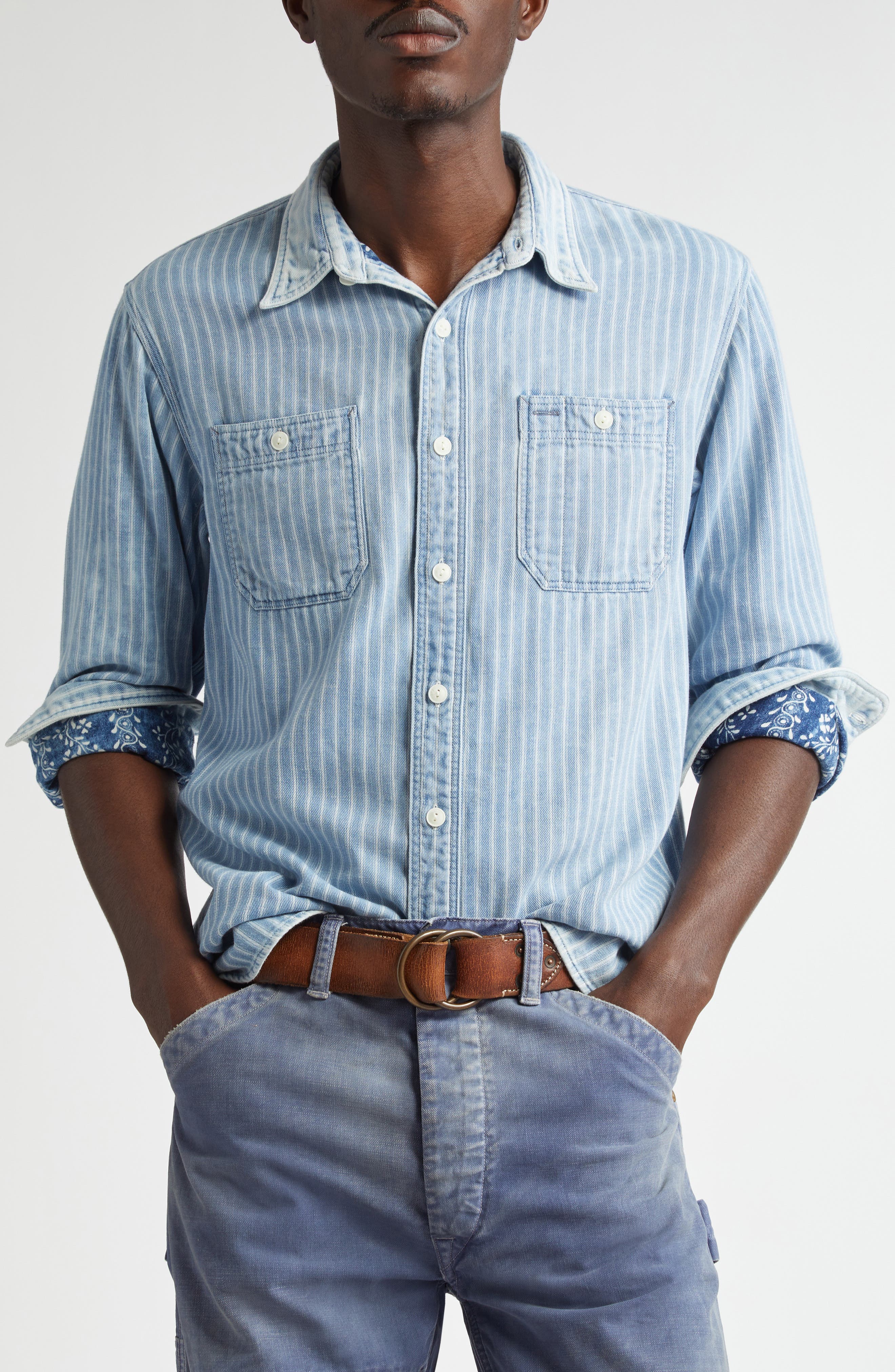 Faded Denim Stripe Button-Up Shirt