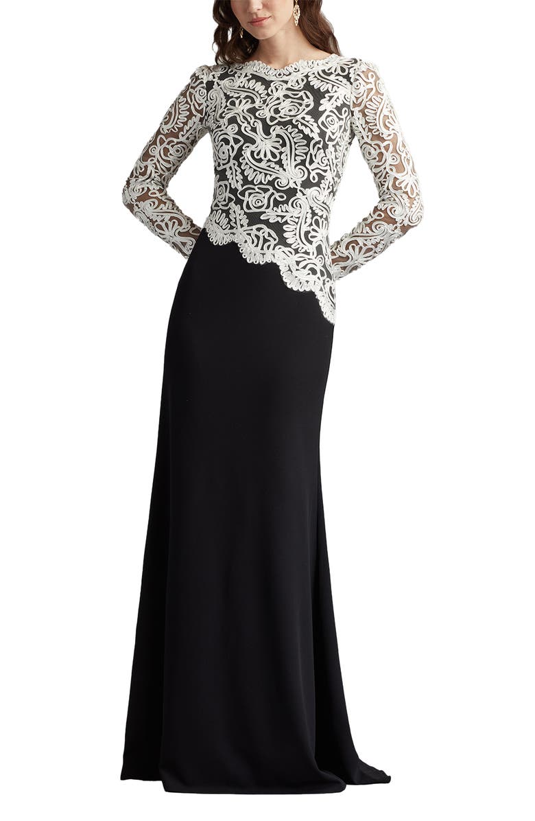 Tadashi Shoji Lace Scroll Crepe Gown, Alternate, color, Black/ Ivory
