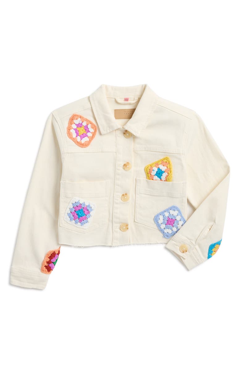 BLANKNYC Kids' Crochet-Inspired Appliqué Denim Jacket, Main, color, Downtime