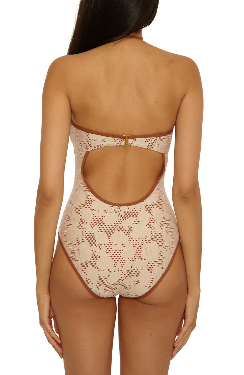 Lucky Brand Belize Ruched Lace Overlay One-Piece Swimsuit, Alternate, color, Natural