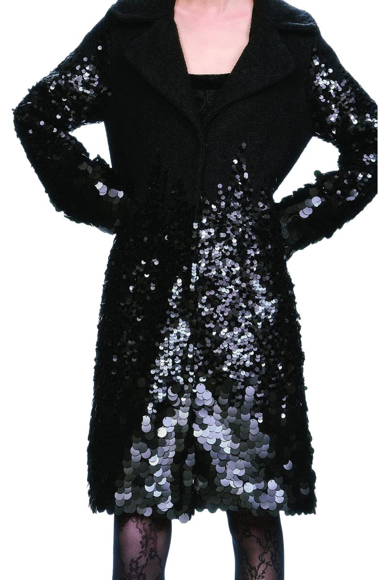 Anna Sui Pailettes Wool Coat, Alternate, color, Black