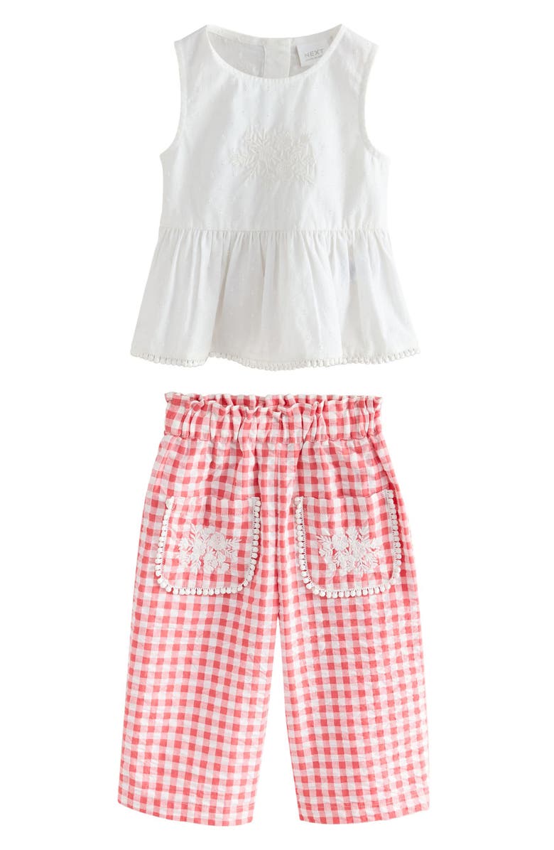 NEXT Kids' Embroidered Peplum Tank & Gingham Pants Set, Main, color, Red