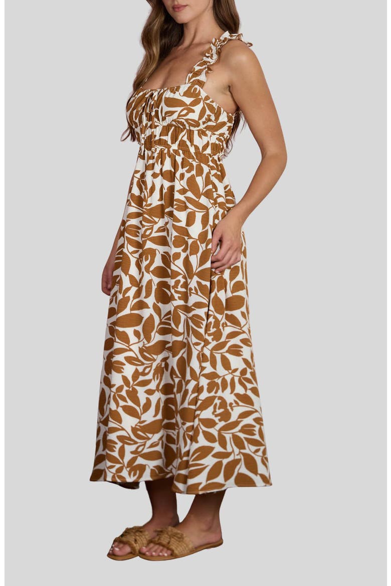 Leaf Print Ruffle Strap Empire Waist Midi Dress, Alternate, color, BROWN MULTI