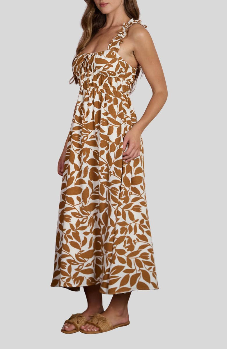 Blu Pepper Leaf Print Ruffle Strap Empire Waist Midi Dress, Alternate, color, 