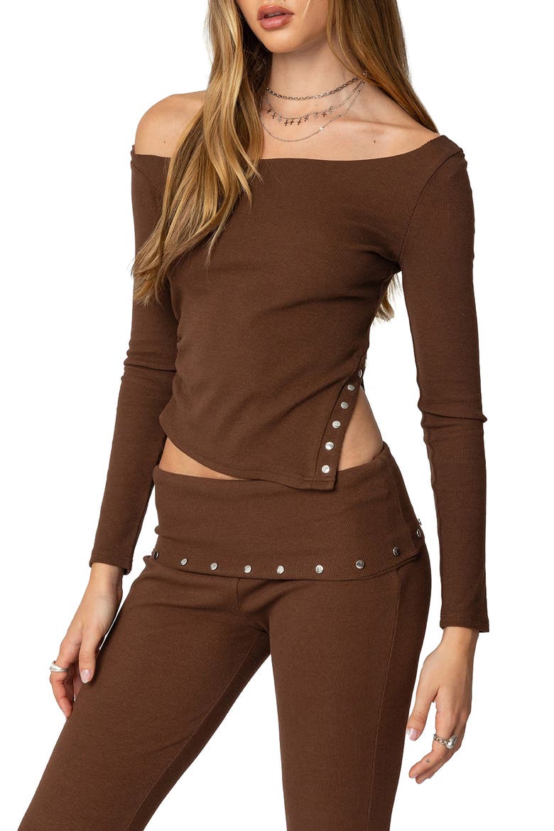 Aries Off the Shoulder Studded Rib Top, Alternate, color, BROWN