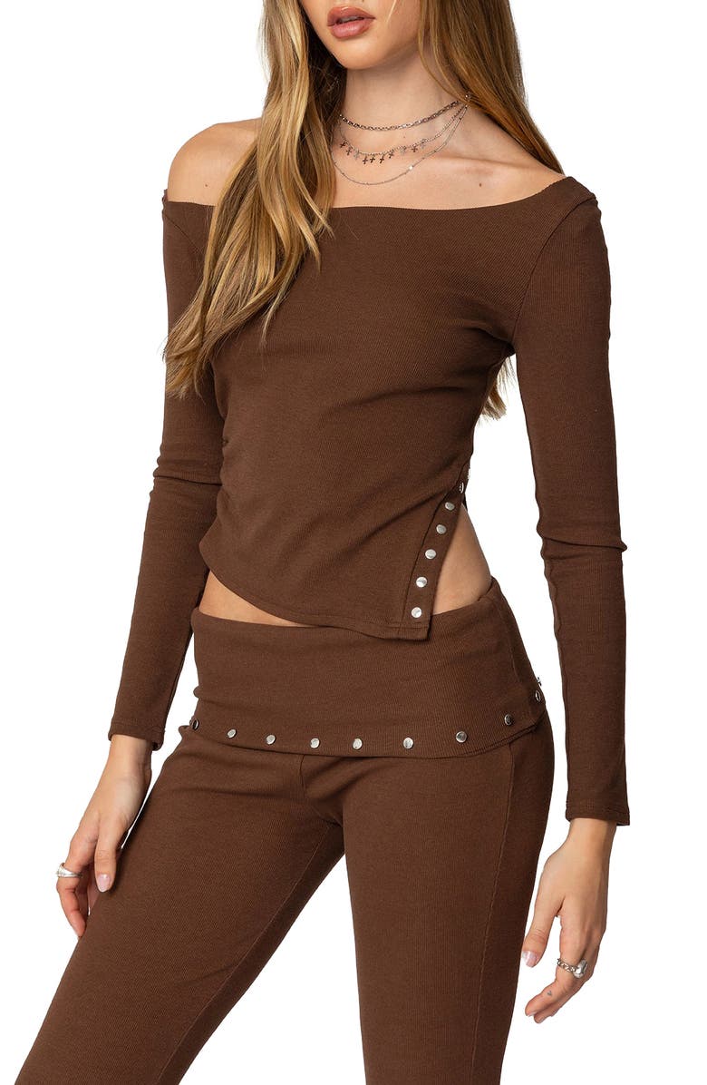 EDIKTED Aries Off the Shoulder Studded Rib Top, Alternate, color, Brown