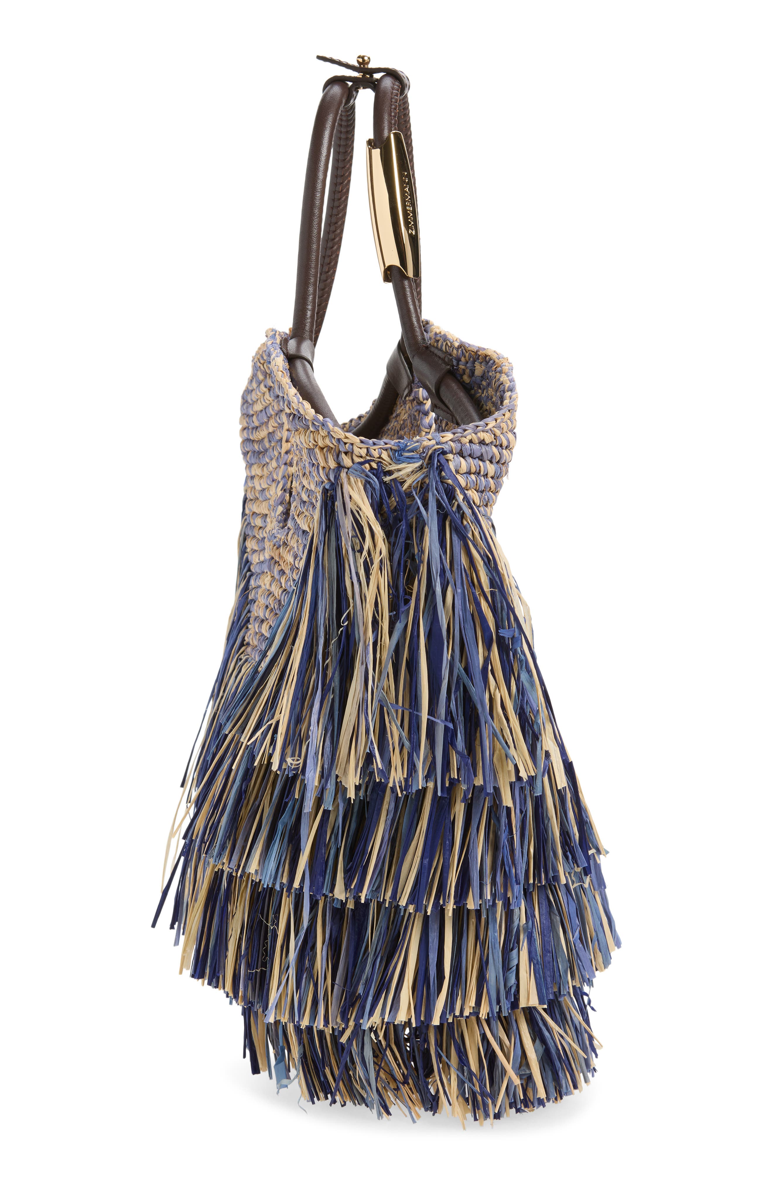 Small Goldentime Fringe Raffia Tote Bag, Alternate, color, DENIM BLUE