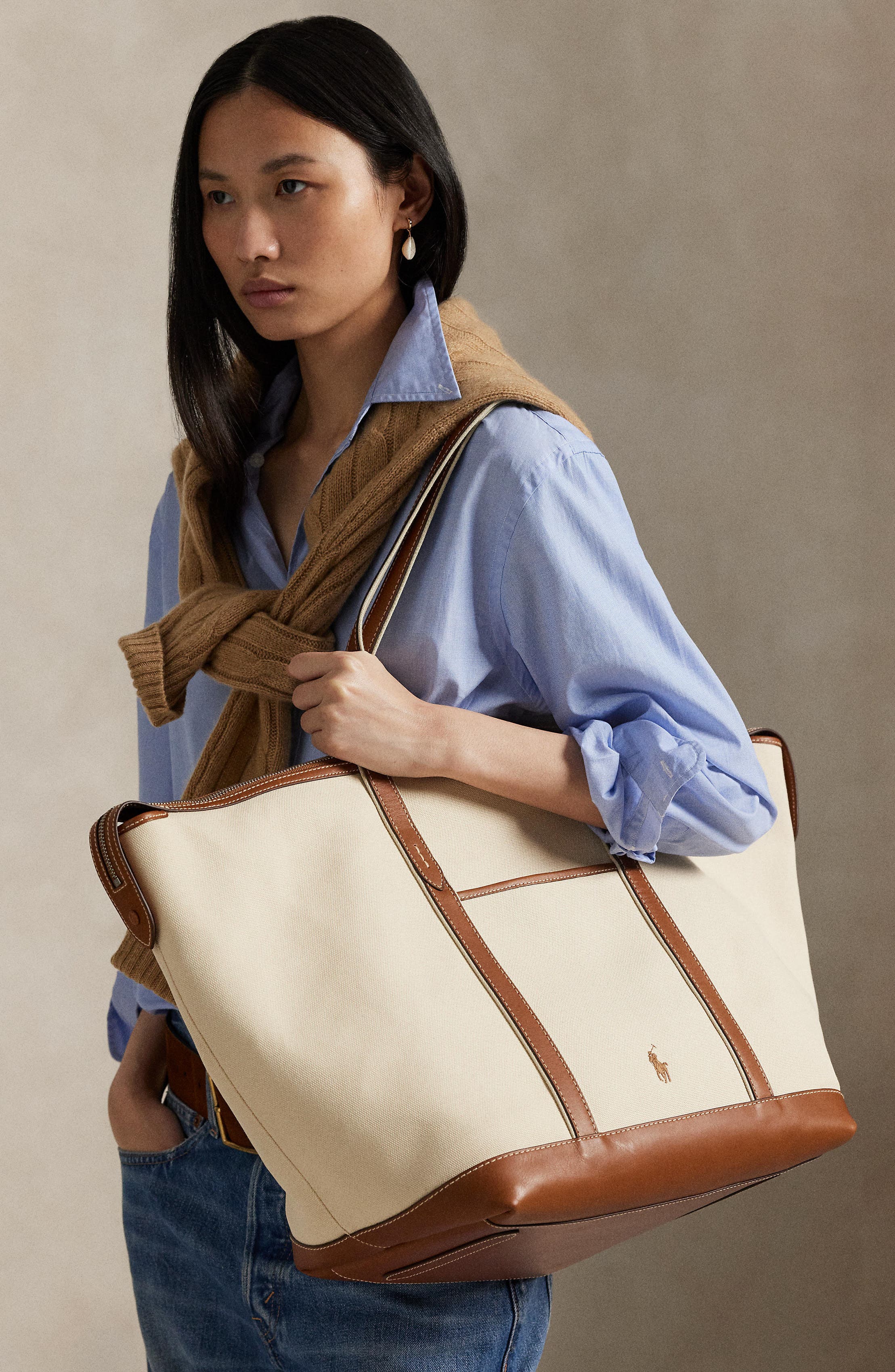Polo Ralph Lauren Large Leather Trim Canvas Shopper Tote, Alternate, color, Ecru/ Cuoio