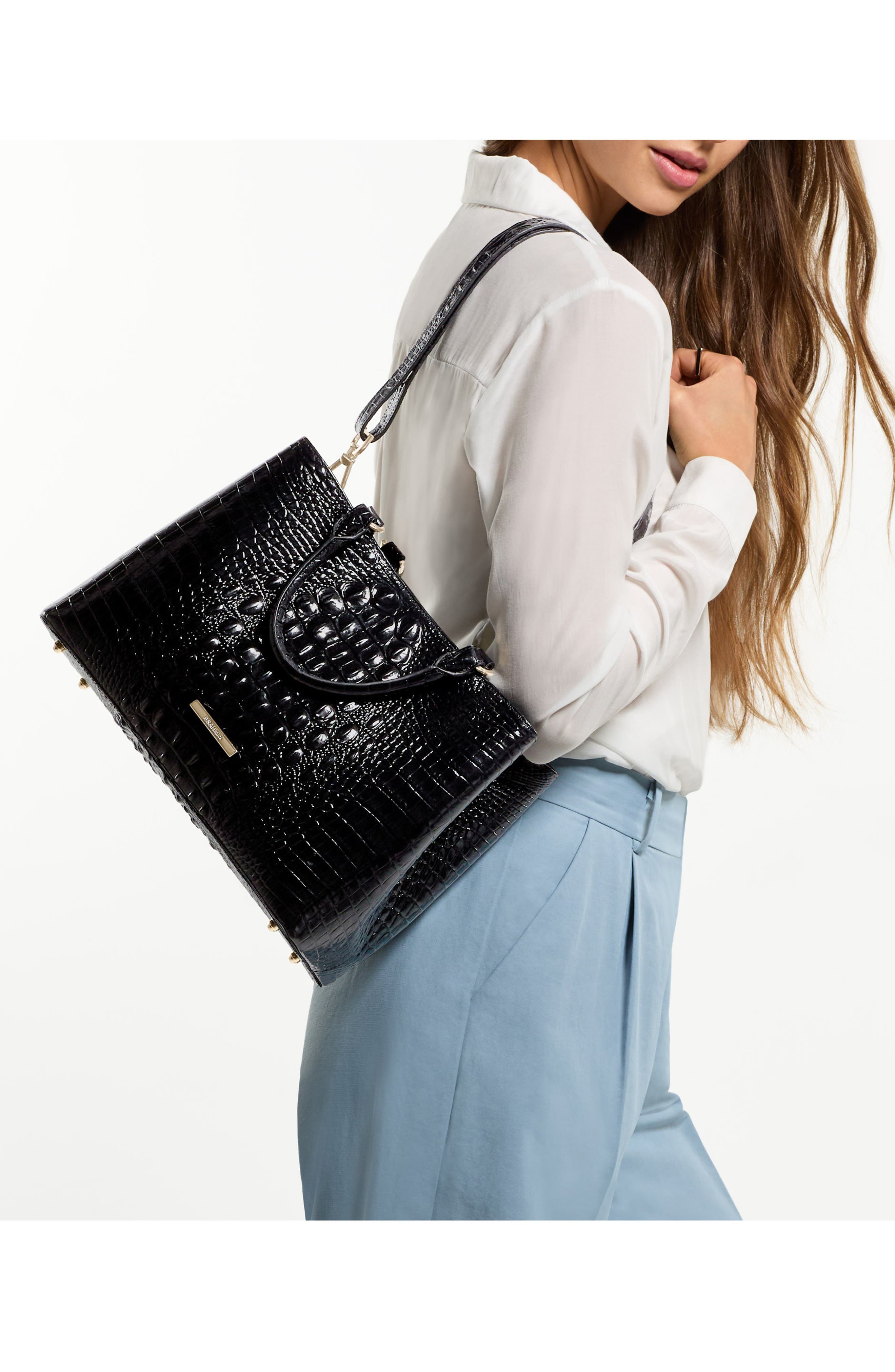 Brahmin Small Denise Croc Embossed Leather Satchel, Alternate, color, Black