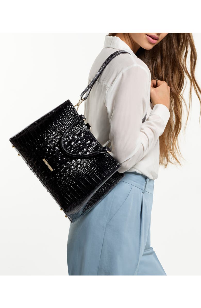 Brahmin Small Denise Croc Embossed Leather Satchel, Alternate, color, Black