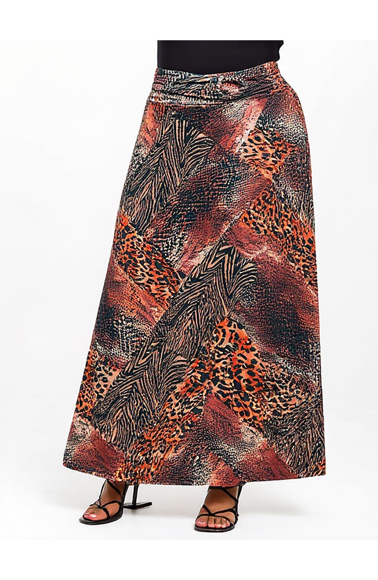 24seven Comfort Apparel Animal Patchwork Print Maxi Skirt, Main, color, Brown Multi