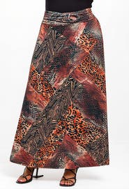 24seven Comfort Apparel Animal Patchwork Print Maxi Skirt