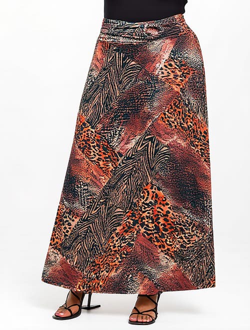 24seven Comfort Apparel Animal Patchwork Print Maxi Skirt In Brown