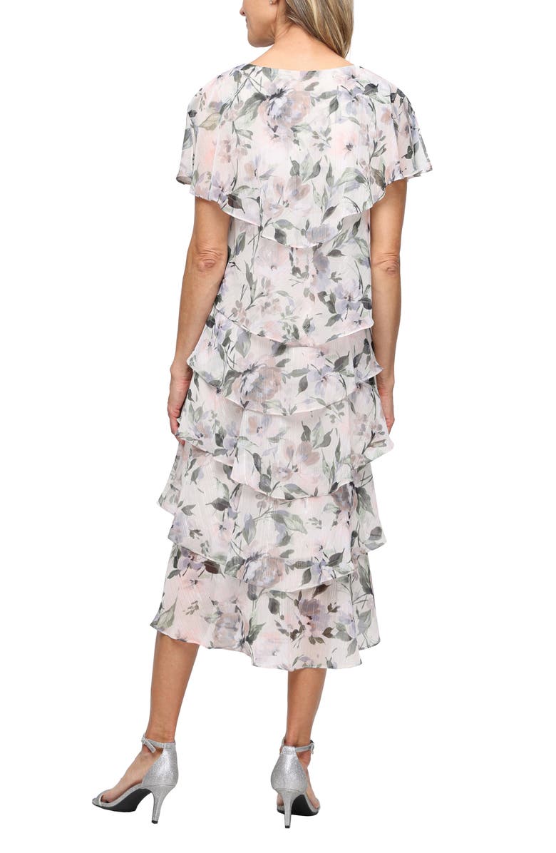 SL FASHIONS Tiered Floral Shimmer Midi Dress, Alternate, color, Taupe Multi