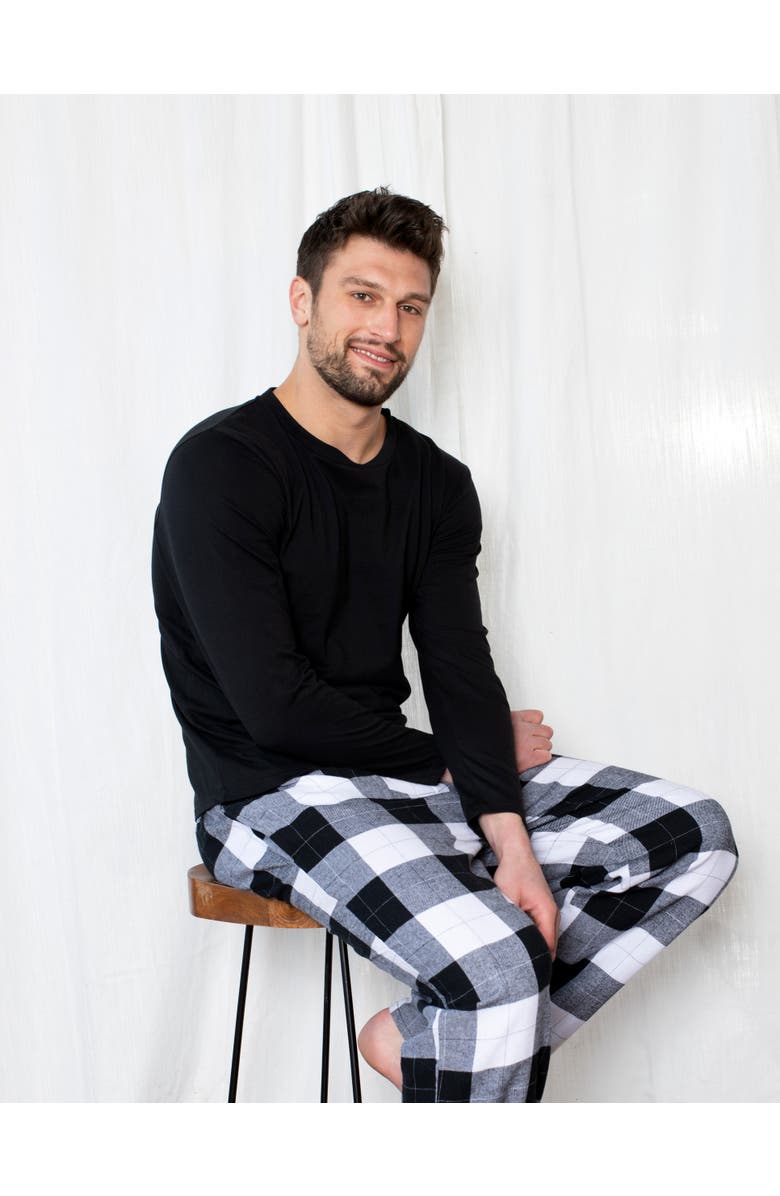 Leveret Men's Cotton Top & Flannel Pants Printed Holiday Pajama Set, Alternate, color, Plaid Black & White