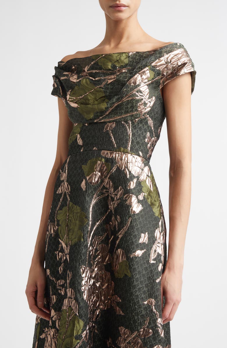 Lela Rose Floral Draped Metallic Fil Coupé Fit & Flare Gown, Alternate, color, Cactus Multi