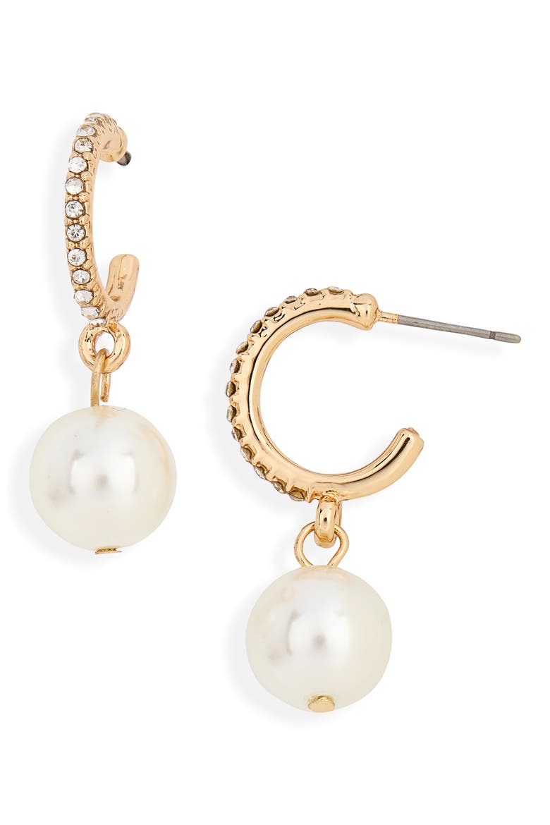 Faux Pearl Drop Pavé CZ Hoop Earrings, Main, color, PEARL
