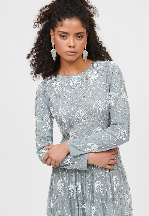 Maryisa Embellished Sequin Beaded Floral A Line Maxi Dress In Misty Grey