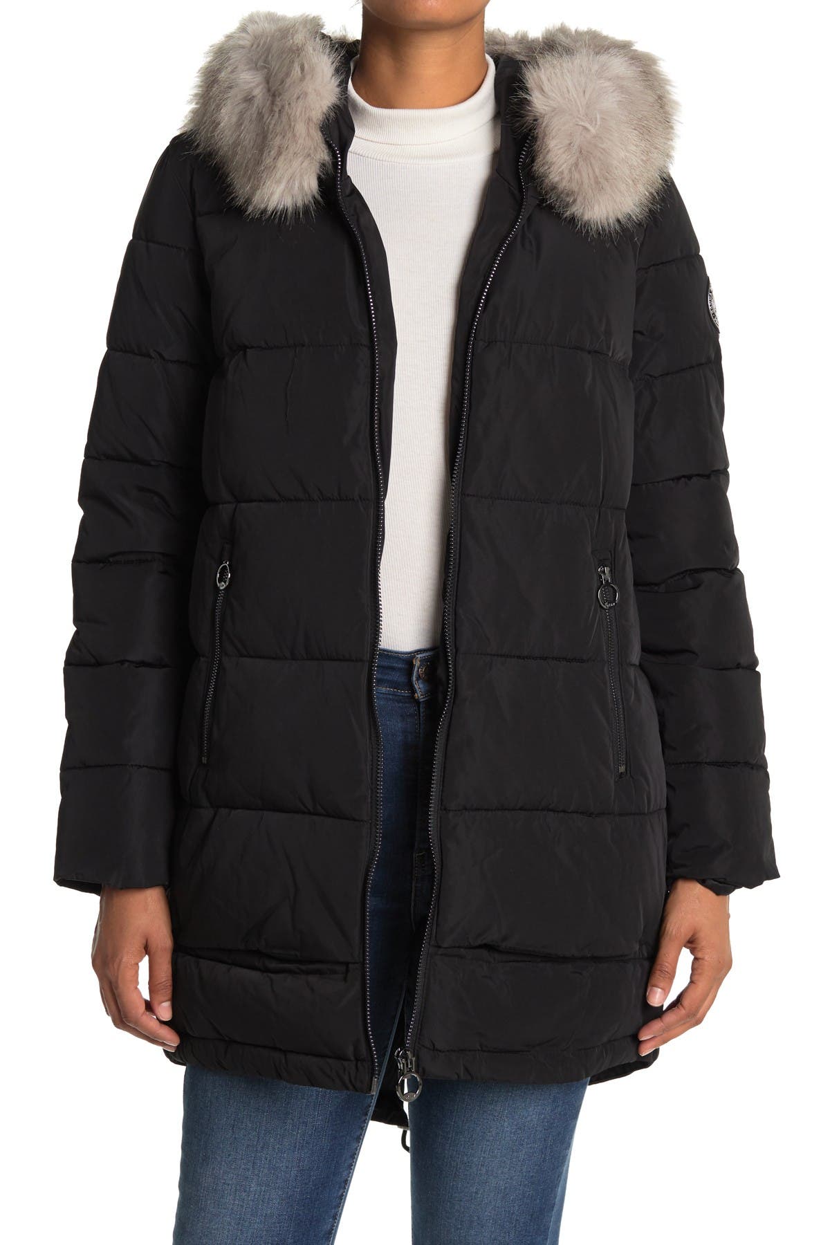 DKNY Zip Front Coat with Faux Fur Hood | Nordstromrack