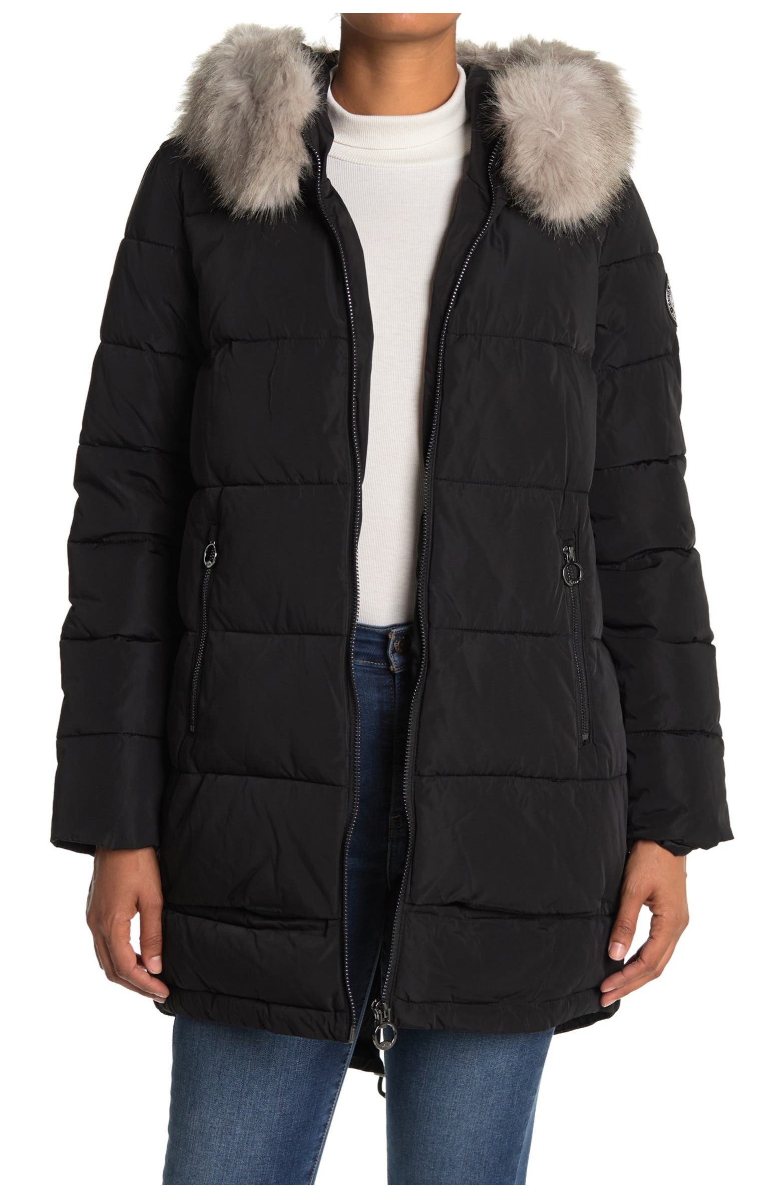 DKNY Zip Front Coat with Faux Fur Hood | Nordstromrack