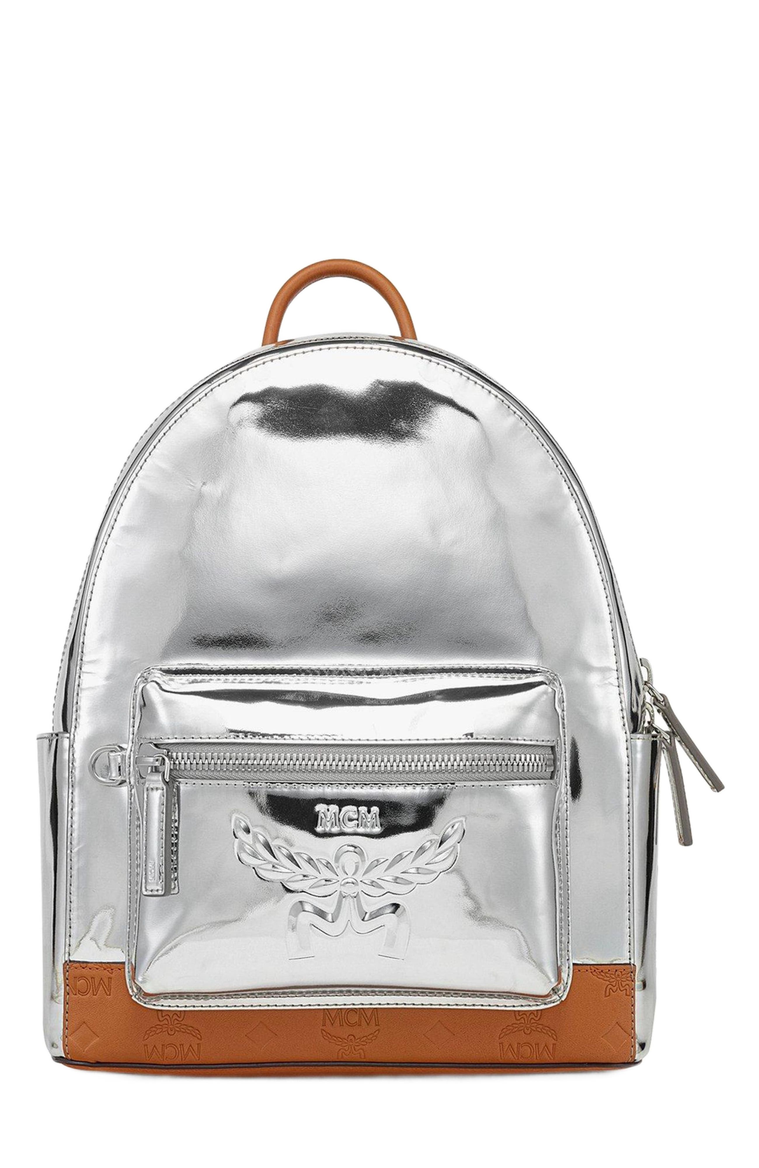 MCM Stark Backpack in Metallic Mirror Leather, Main, color, Silver