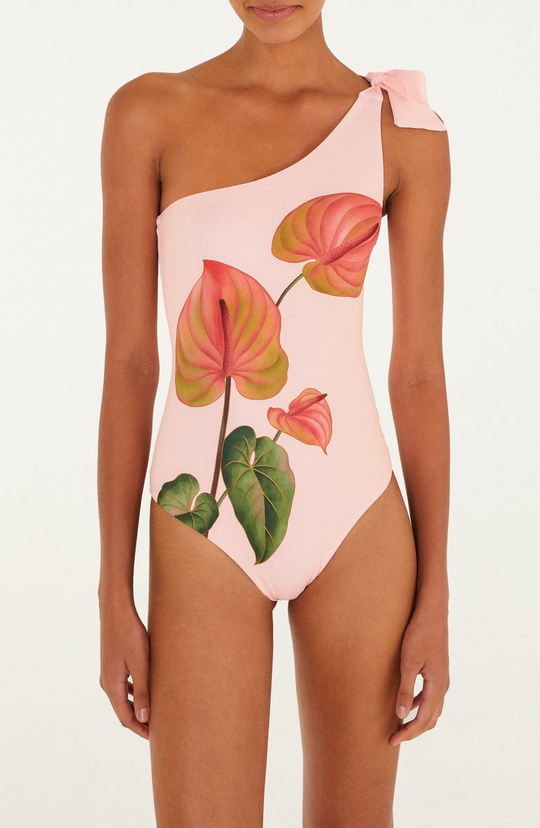 FARM Rio Anturium One-Shoulder Tie Strap One-Piece Swimsuit, Main, color, Light Pink