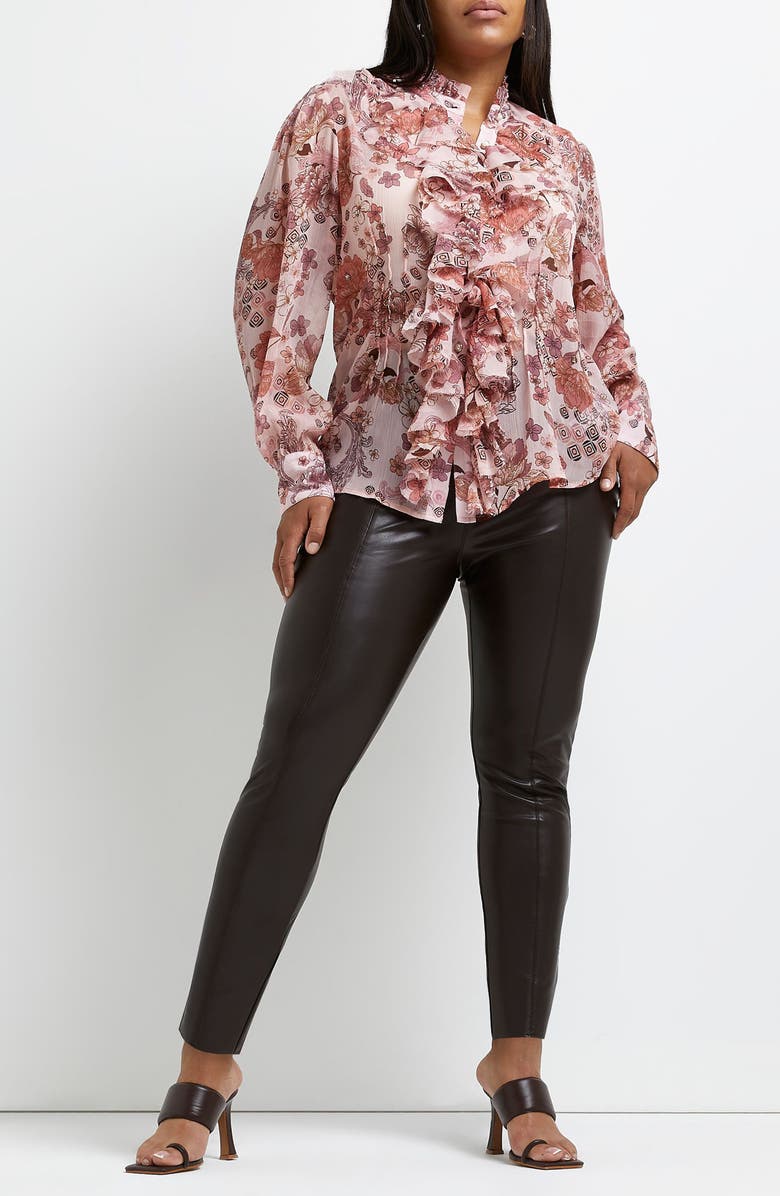 River Island Floral Print Ruffle Placket Blouse, Alternate, color,